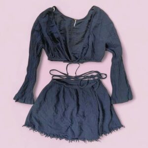 Free People Here She Is Wrap Mini Skirt Crop Top Set Black Women's Medium Boho